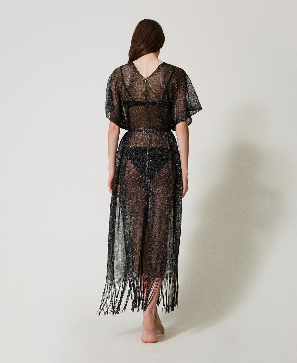 Caftan long en filet et lurex avec franges Noir Femme 251TO5180_00006_03