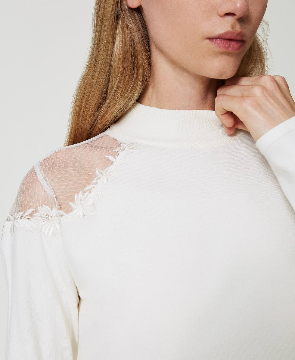 Pull col montant avec tulle et broderie Blanc Antique White Femme 242LL3DAA_00245_04
