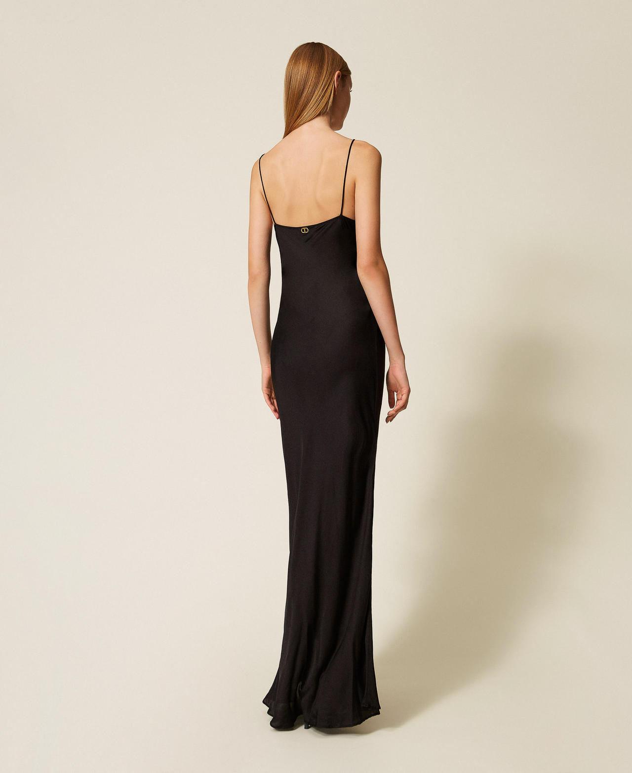 Long satin dress with embroidery Black Woman 252TT2130_00006_03