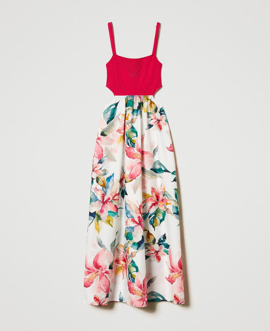 Long knit dress with floral print Mother of pearl/Multicolour Stripe Print Woman 251LB3LAA_12198_S0