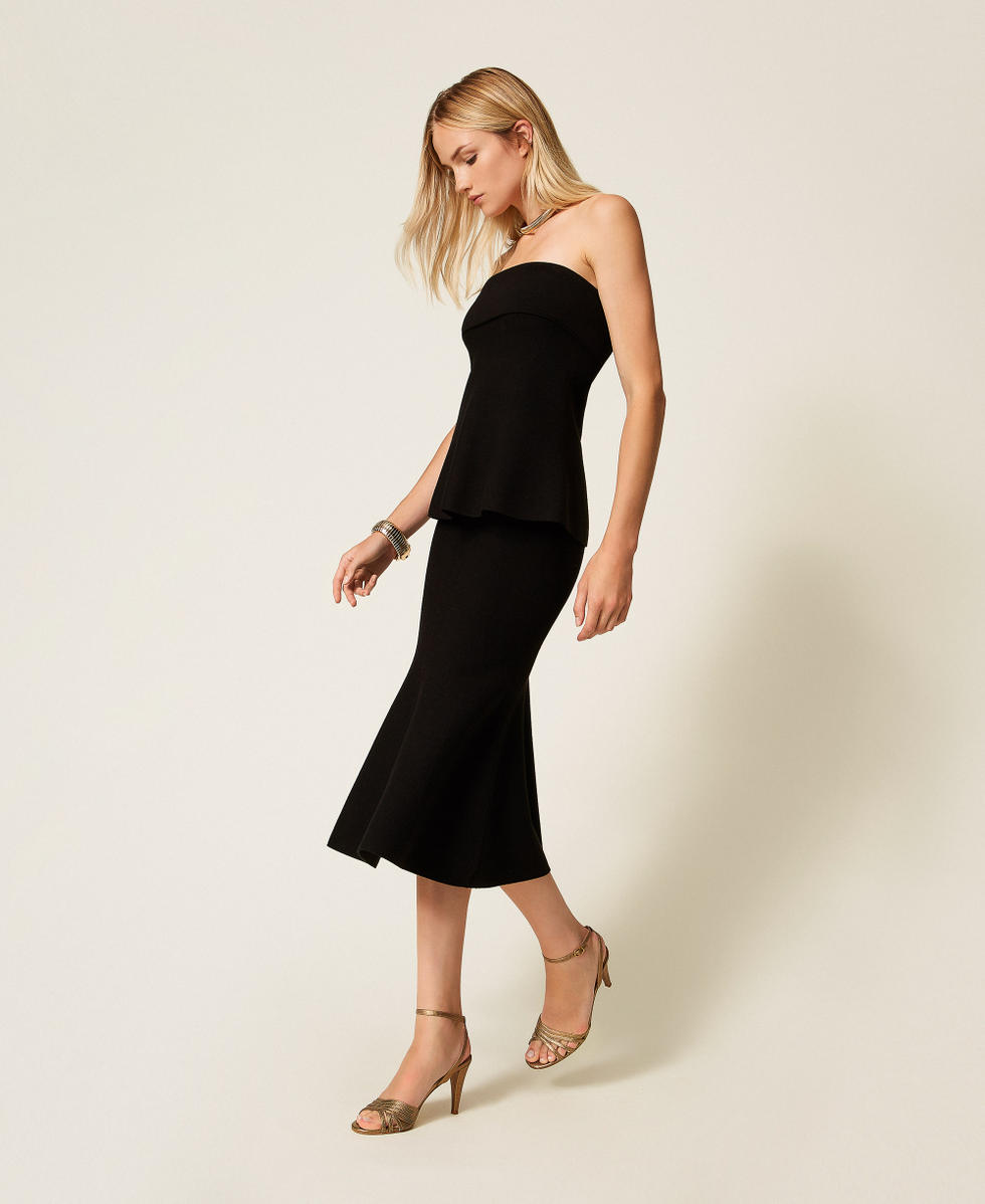 Gonna longuette in maglia con godet Nero Donna 252TP3412_00006_02