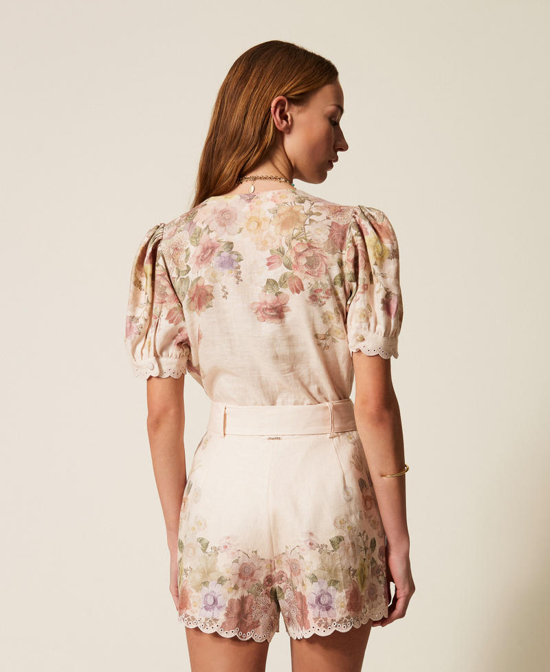 Linen floral shorts with embroidery Wildflowers Pastel Colour Print Woman 261TT2572_13588_03