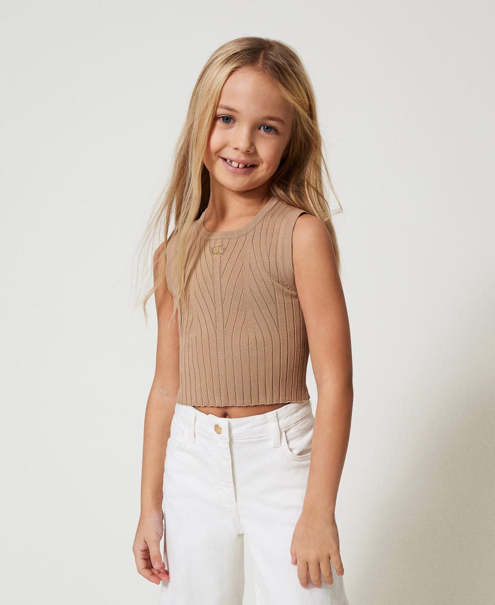 Rib knit top with Oval T Beige Hemp Girl 251GJ3404_00310_02