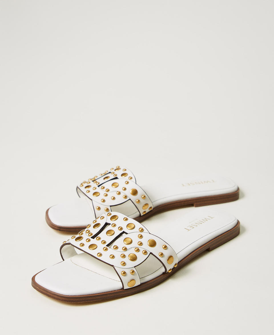 Sandali slide in pelle con borchie Bianco Neve Donna 251TGT072_00282_02