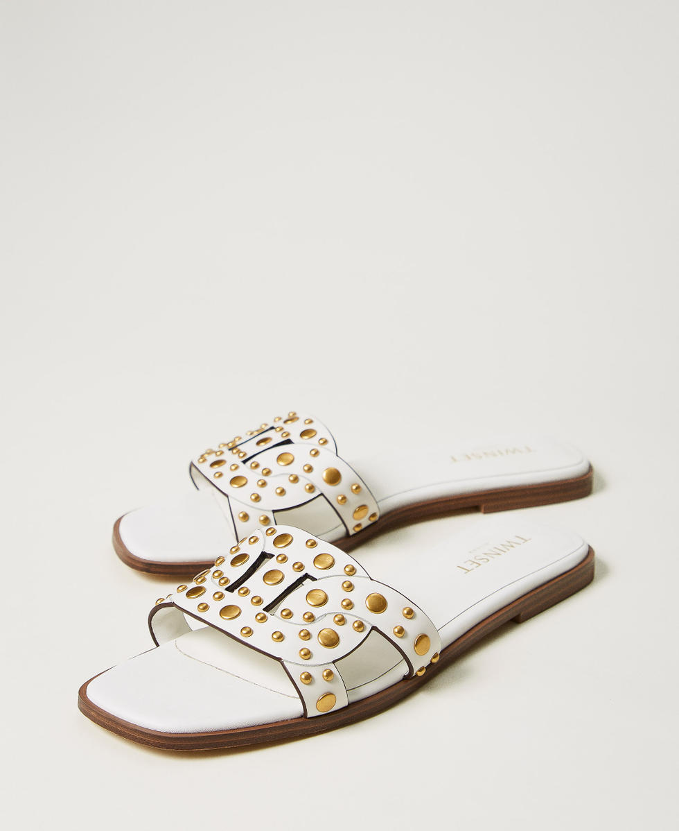 Sandali slide in pelle con borchie Bianco Neve Donna 251TGT072_00282_02