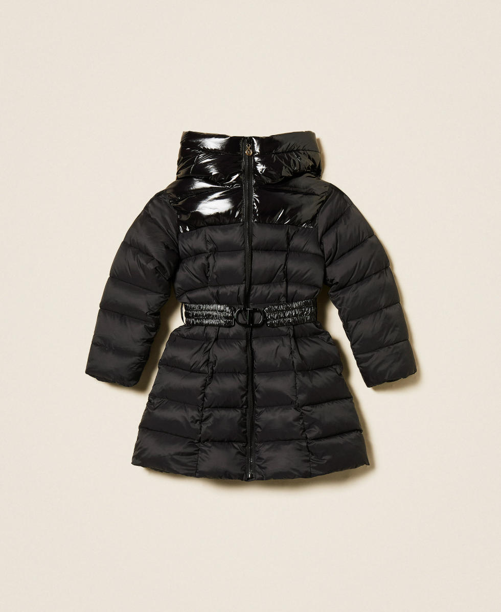 Long puffer jacket with logo belt