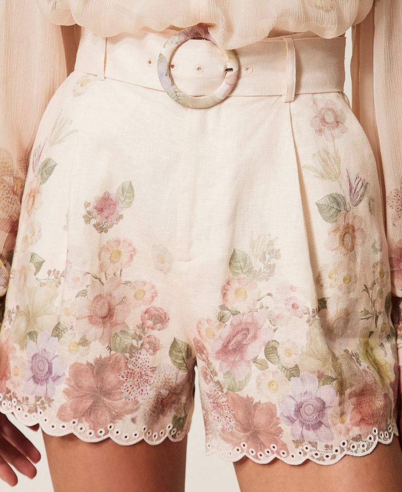 Linen floral shorts with embroidery Wildflowers Pastel Colour Print Woman 261TT2572_13588_04