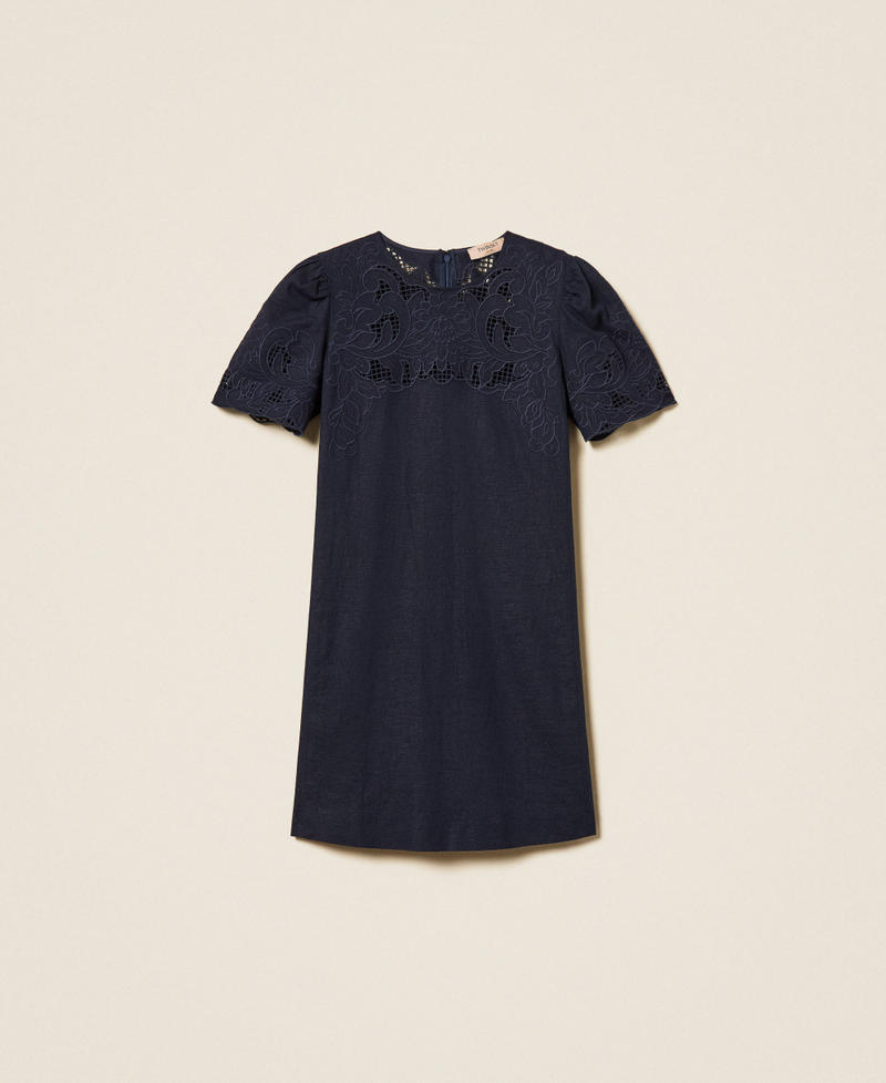 Robe courte en lin m&eacute;lang&eacute; avec broderie Bleu clair Femme 261TP2310_13172_S0