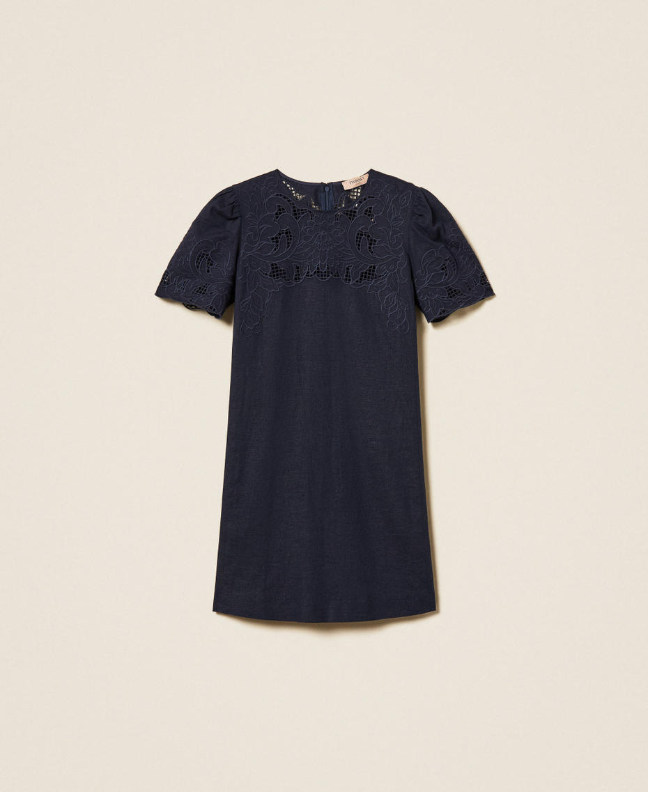 Robe courte en lin m&eacute;lang&eacute; avec broderie Bleu clair Femme 261TP2310_13172_S0