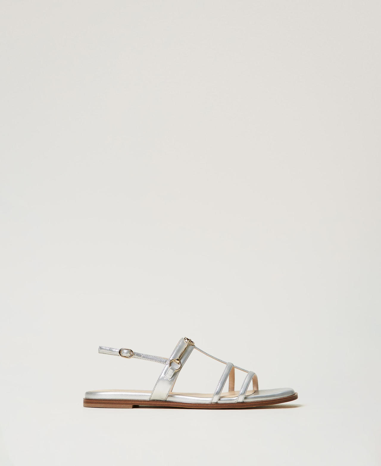 Laminated sandals with Oval T clasp Silver Woman 251TCP086_00995_01