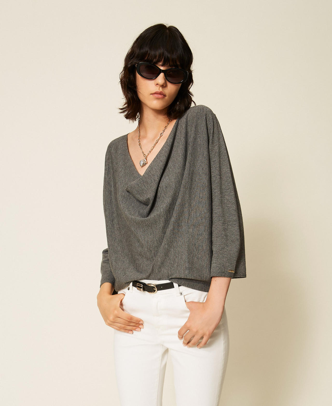 Twinset Women's Mid Grey Melange Dual-Use Maxi Jumper