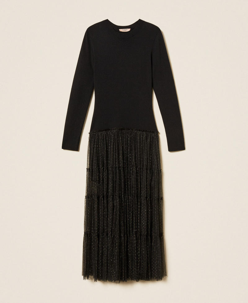 Langes Strickkleid mit Plumetis-T&uuml;ll Schwarz Frau 262TT3423_00006_S0