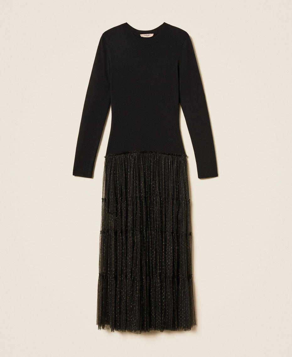 Langes Strickkleid mit Plumetis-T&uuml;ll Schwarz Frau 262TT3423_00006_S0