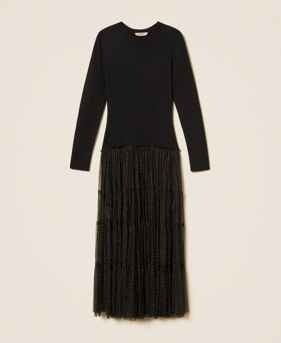 Langes Strickkleid mit Plumetis-T&uuml;ll Schwarz Frau 262TT3423_00006_S0