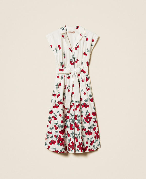 Poplin midi dress with cherry print