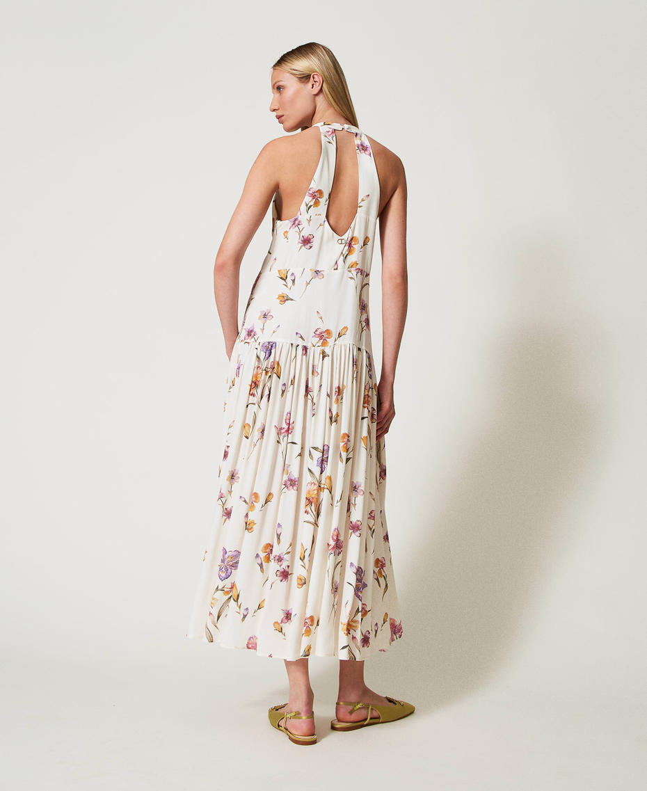 Robe longue encolure américaine en crêpe de Chine floral Imprimé Iris Multicolore/Nacre Femme 251TP2771_12329_03