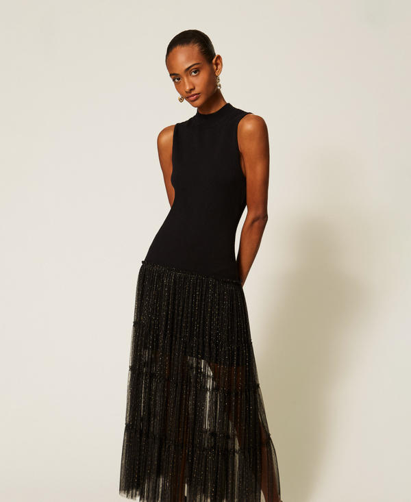 Long sleeveless knit dress with plumetis tulle