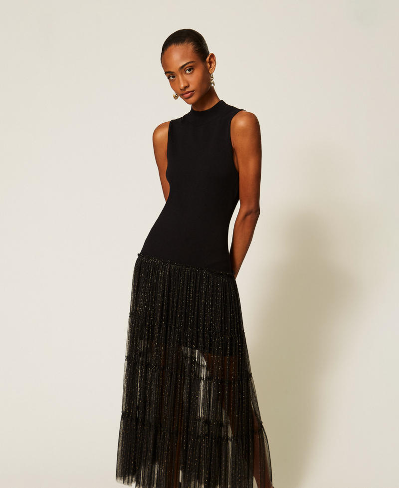 Abito lungo smanicato in maglia e tulle plumetis Nero Donna 262TT3421_00006_PD