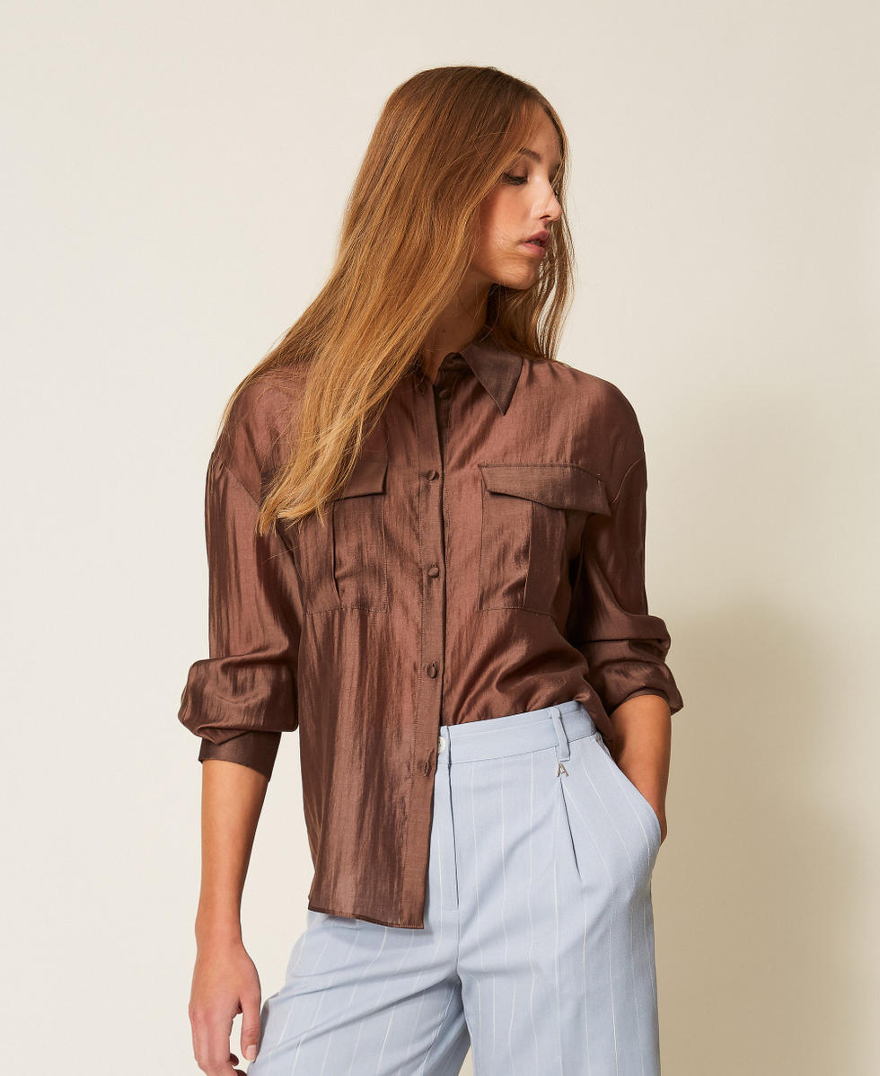 ちこVoile Front Press Shirt Voile shirt with pockets Woman, Brown | TWINSET Milano