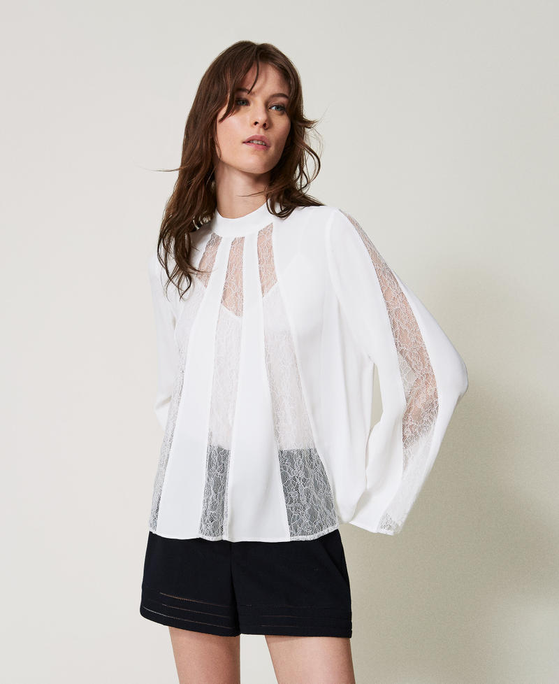 Blusa in crêpe con pizzo Bianco Neve Donna 251TP2413_00282_01