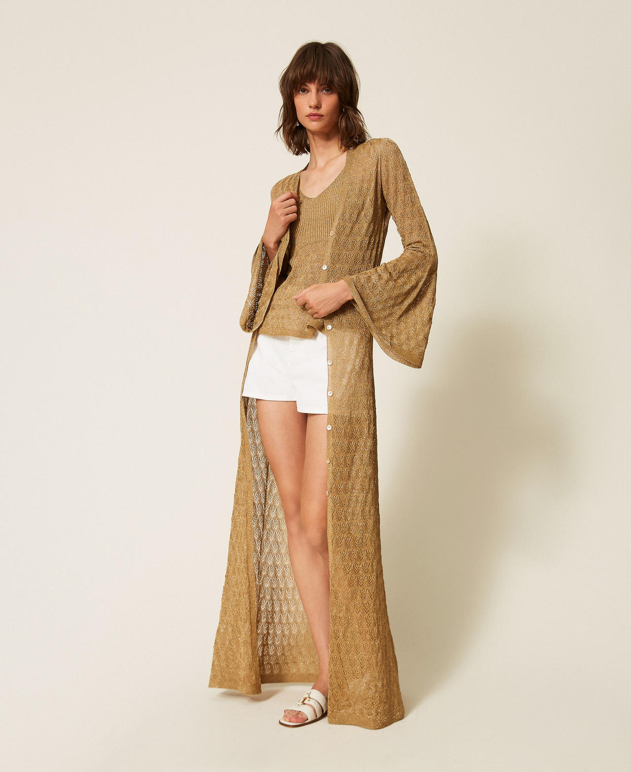 Long knit cardigan with flared sleeves Golden Green Lurex Woman 262TP3Q33_12454_01