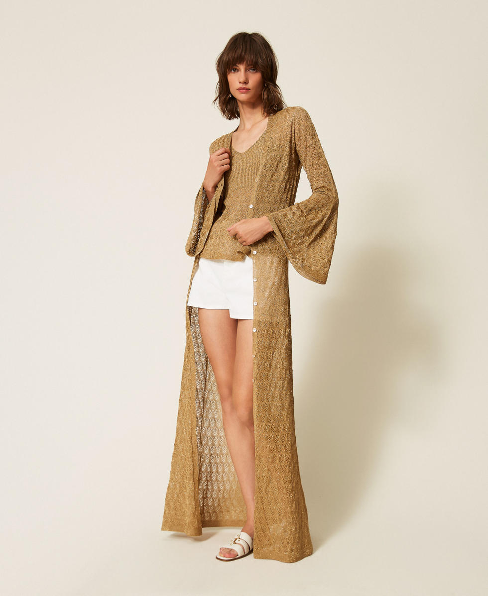 Langer Strick-Cardigan mit ausgestellten &Auml;rmeln Golden Green Lurex Frau 262TP3Q33_12454_01