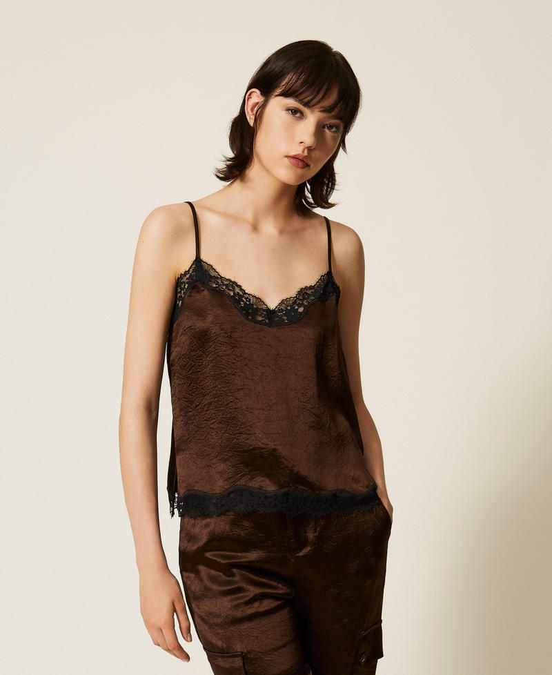Froiss&eacute; satin and lace top Two-tone Darkness Brown/Black Woman 262TP2112_13853_01