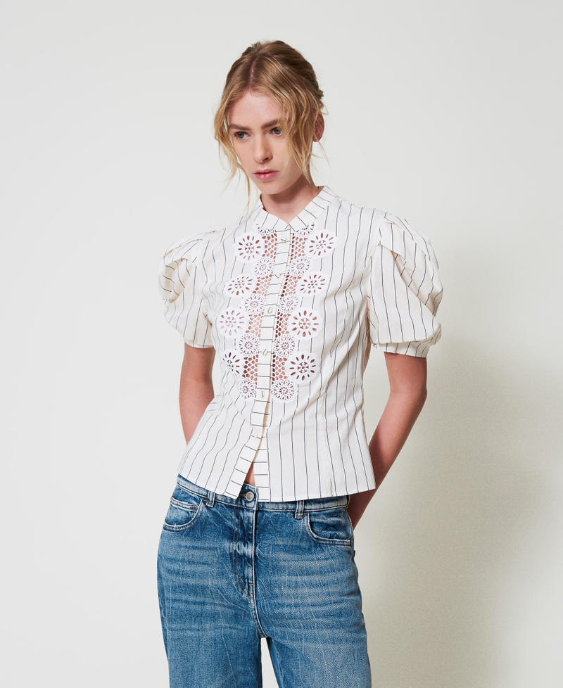 Camicia in popeline con macramè Beige "Angorra" / Nero Stripes Donna 251AP2483_12235_01