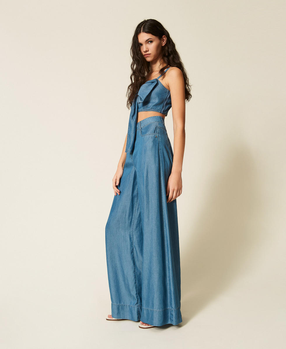 Pantalon palazzo en jean Denim Bleu Clair Femme 261AT2053_07283_02