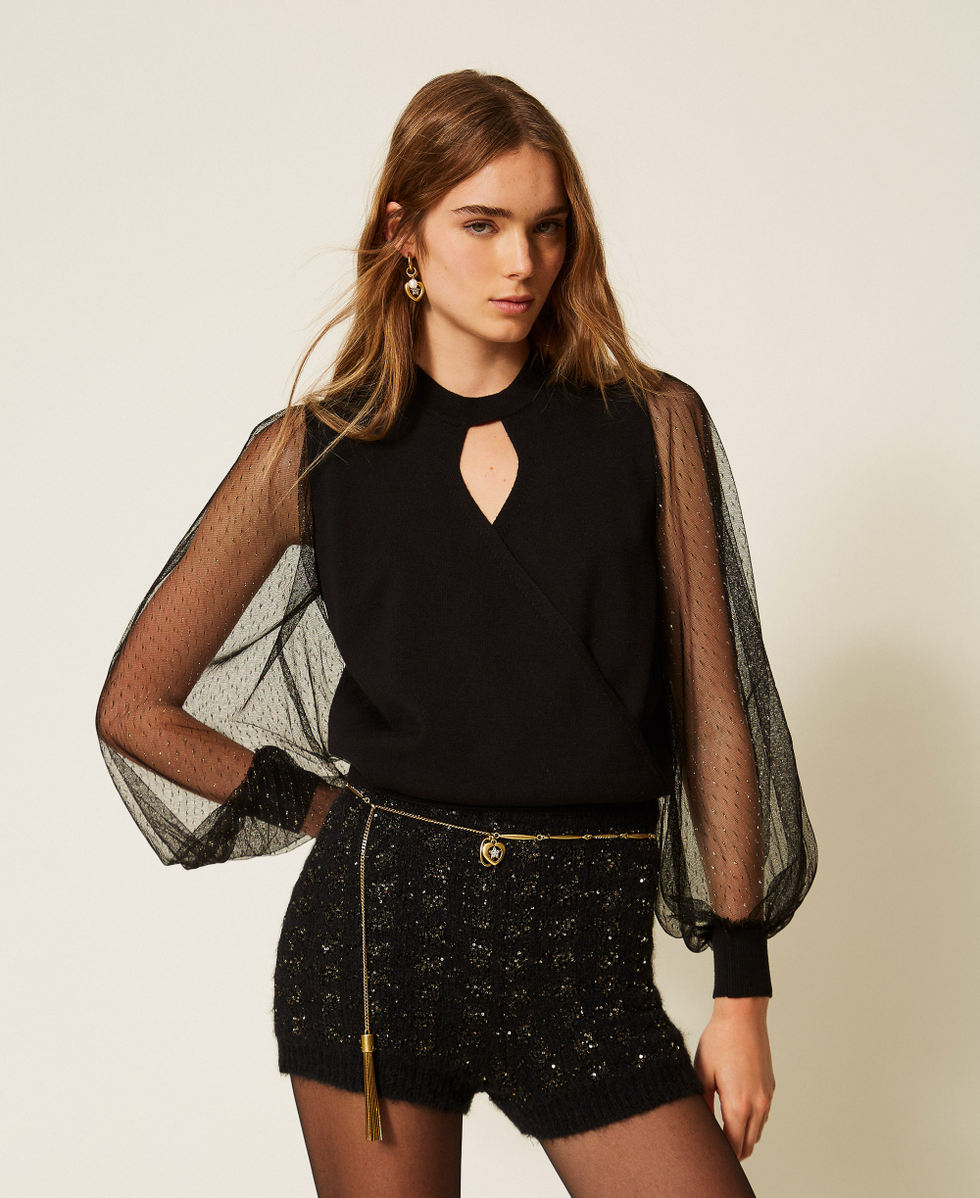 Jumper with plumetis tulle sleeves Black Woman 262TT3420_00006_01