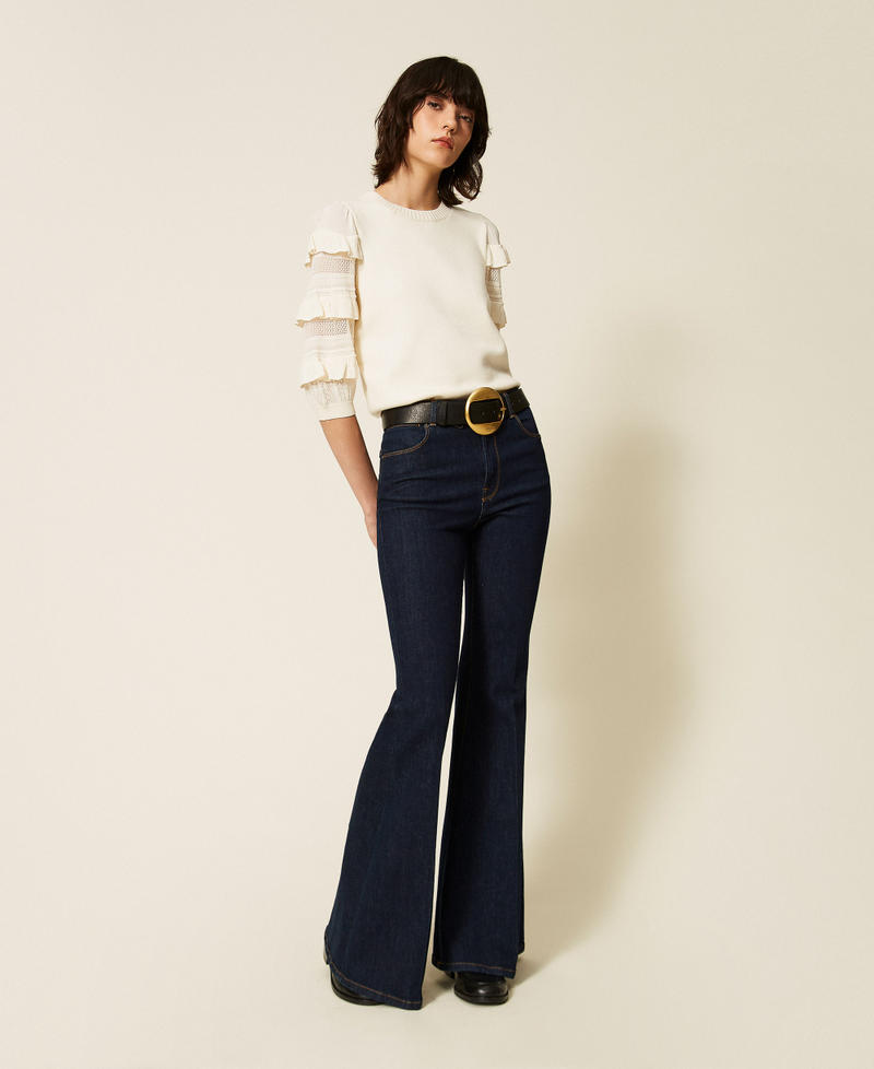Mesh stitch jumper with ruffles Mother Of Pearl Woman 262TP3111_00059_T0