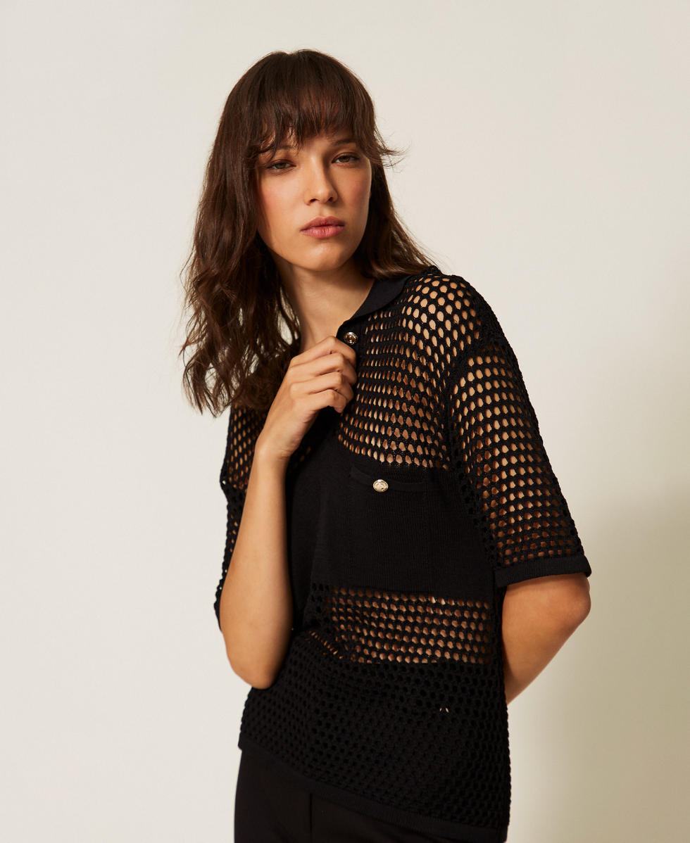 Pull polo avec maille point filet Noir Femme 261AP3033_00006_01