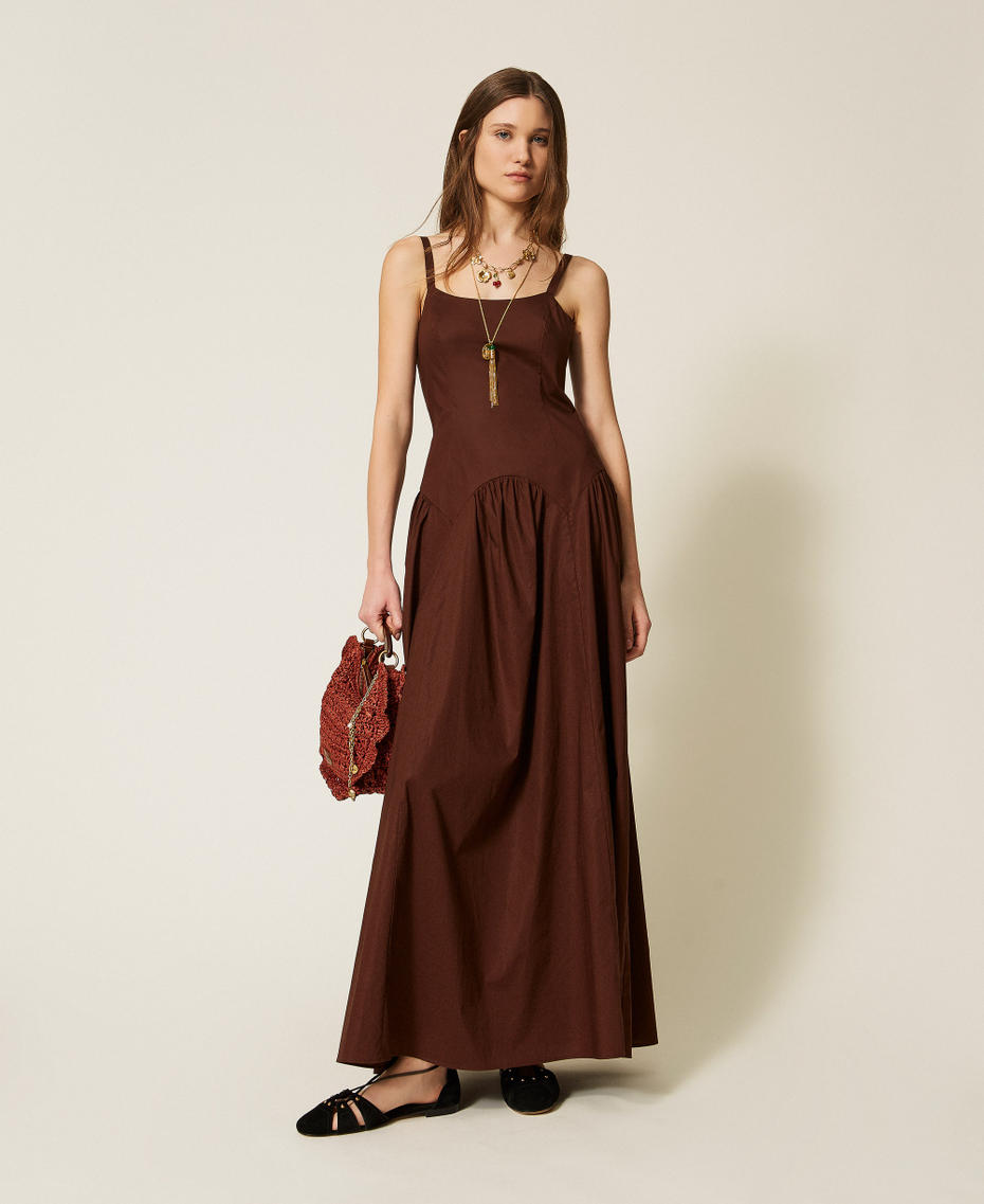 Long gathered poplin dress Coffee Liqueur Woman 261TT2213_12110_T0