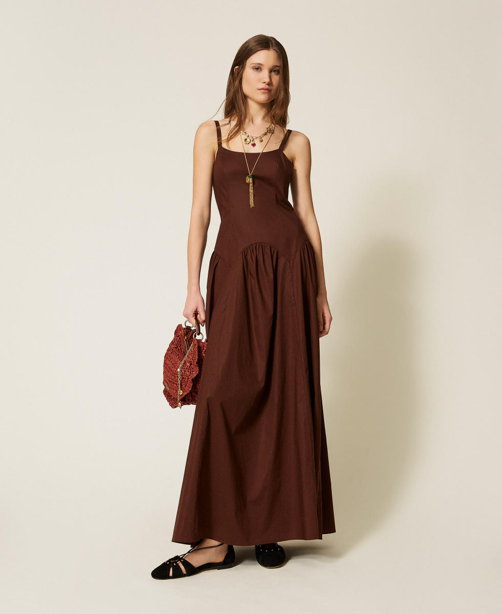 Long gathered poplin dress Woman, Brown | TWINSET Milano