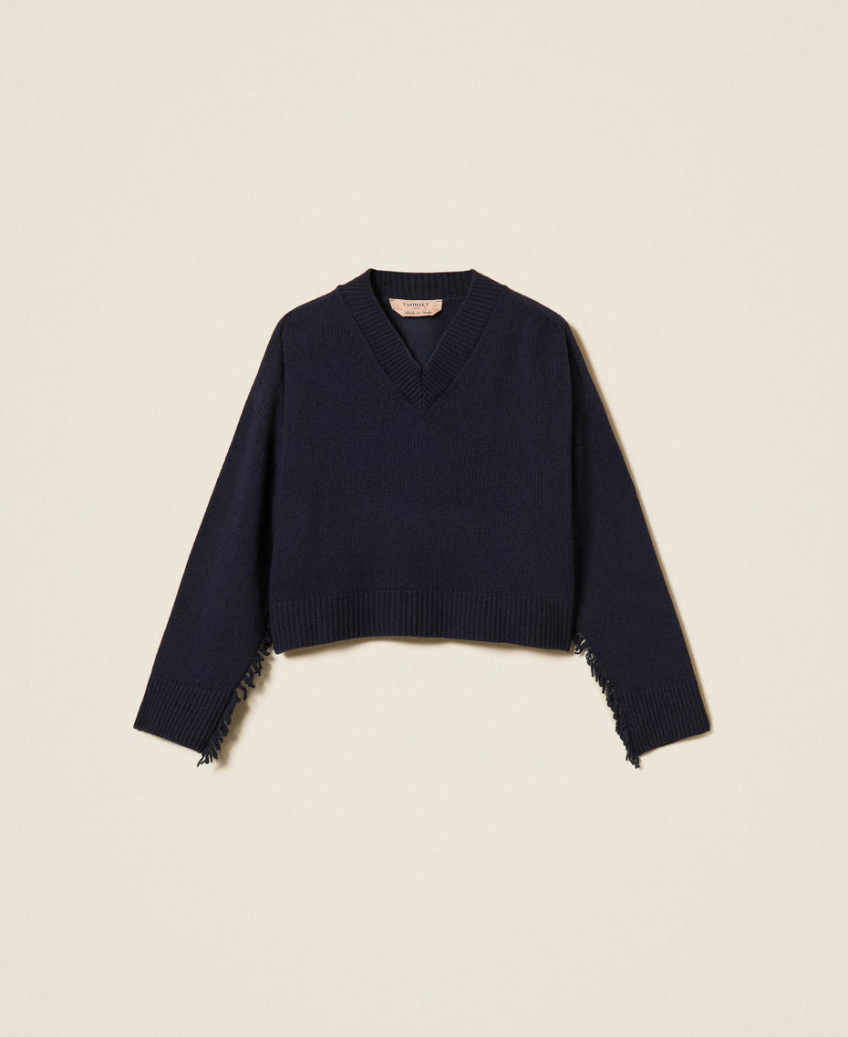 Pullover aus Wollmischung mit Fransen Klassisches Blau Frau 262TT3211_11956_S0