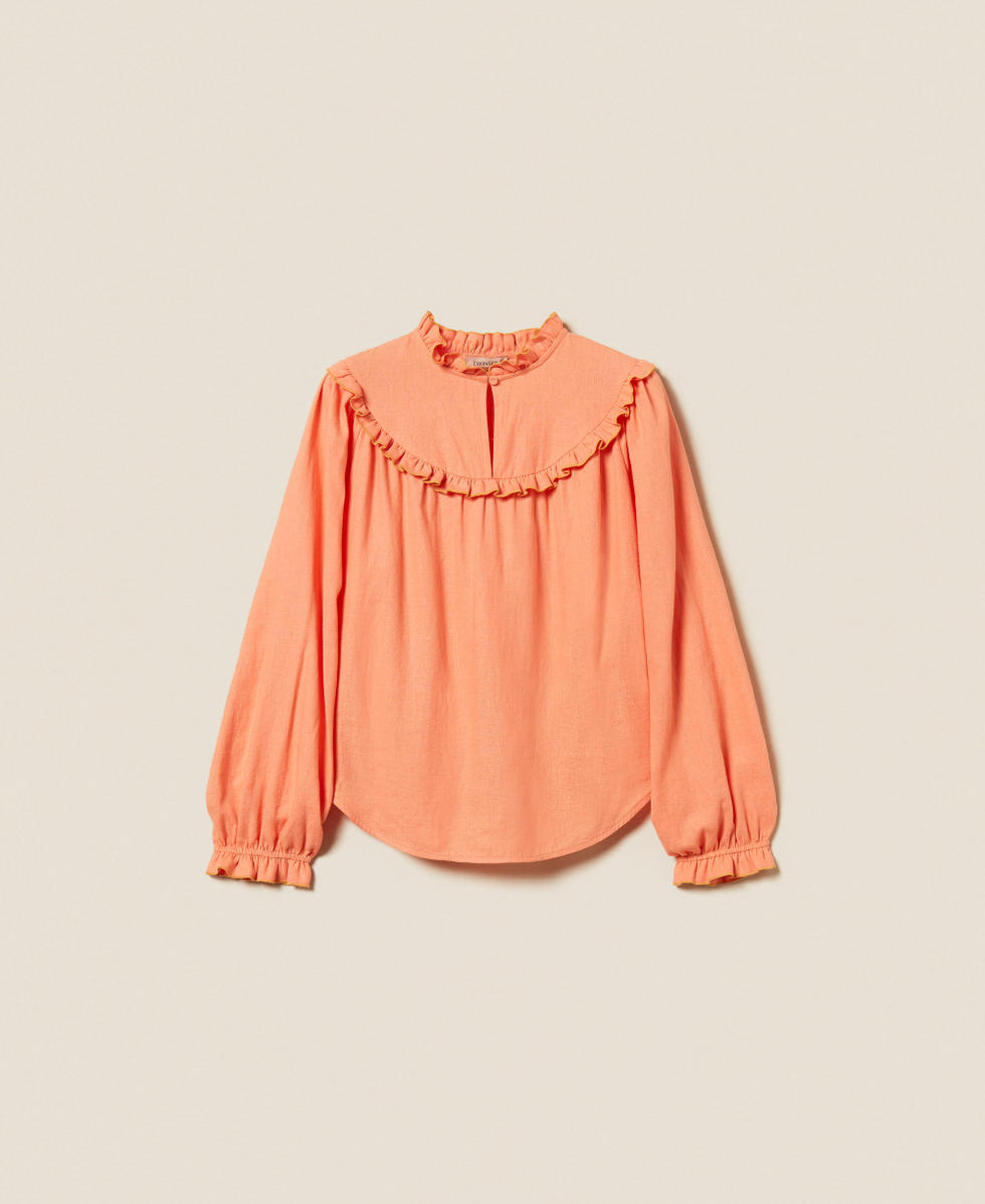 Linen blend blouse with ruffles