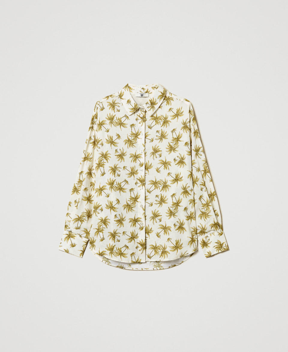 Linen blend shirt with palm print Mother of Pearl/Olive Leaf Palm Print Woman 251LB2VBB_12196_S0