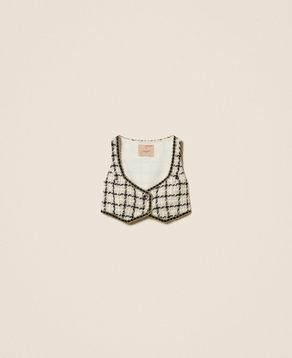 Short boucl&eacute; top with check pattern Grey/Black/Gold Check Boucl&egrave; Woman 262TP2753_13859_S0