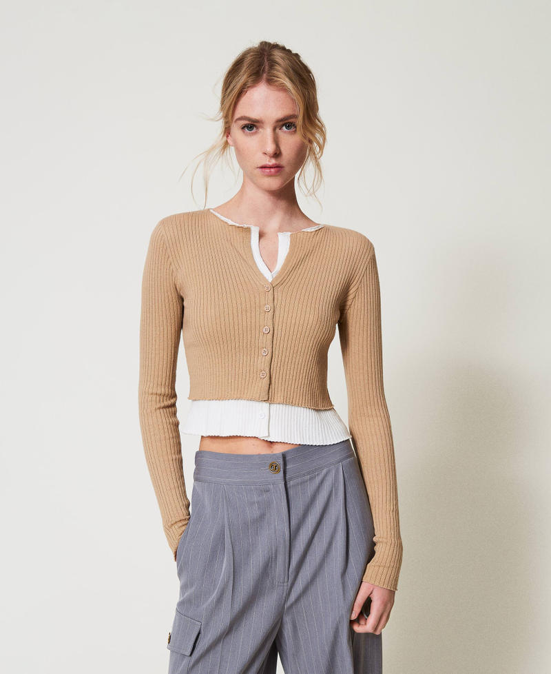 Trompe-l'oeil fitted cardigan Two-tone Rope Beige/Snow Woman 251TE3012_12292_01