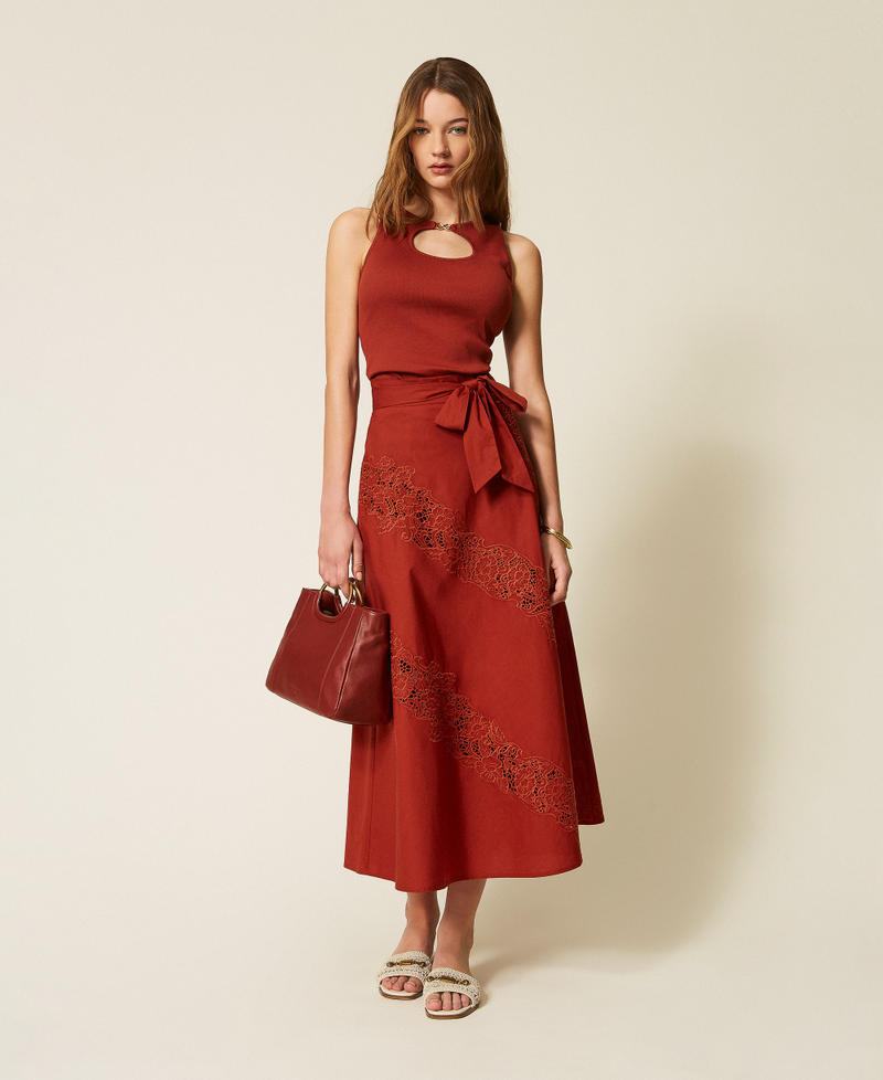 Gonna lunga in popeline e sangallo Brown "Henna" Donna 261TT2030_13332_01