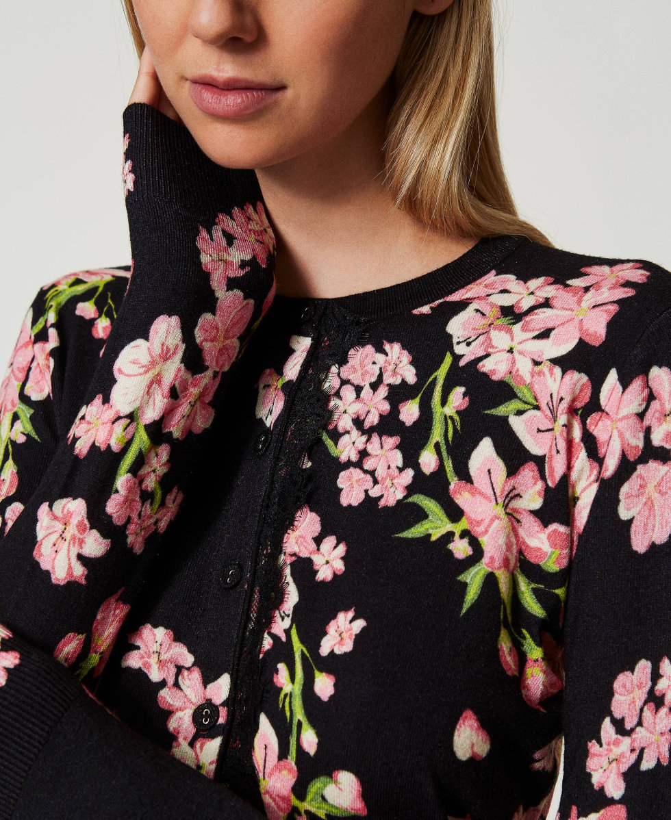 Cardigan en maille avec imprim&eacute; et dentelle Multicolore Blooming Femme 242LL3TAA_11998_04