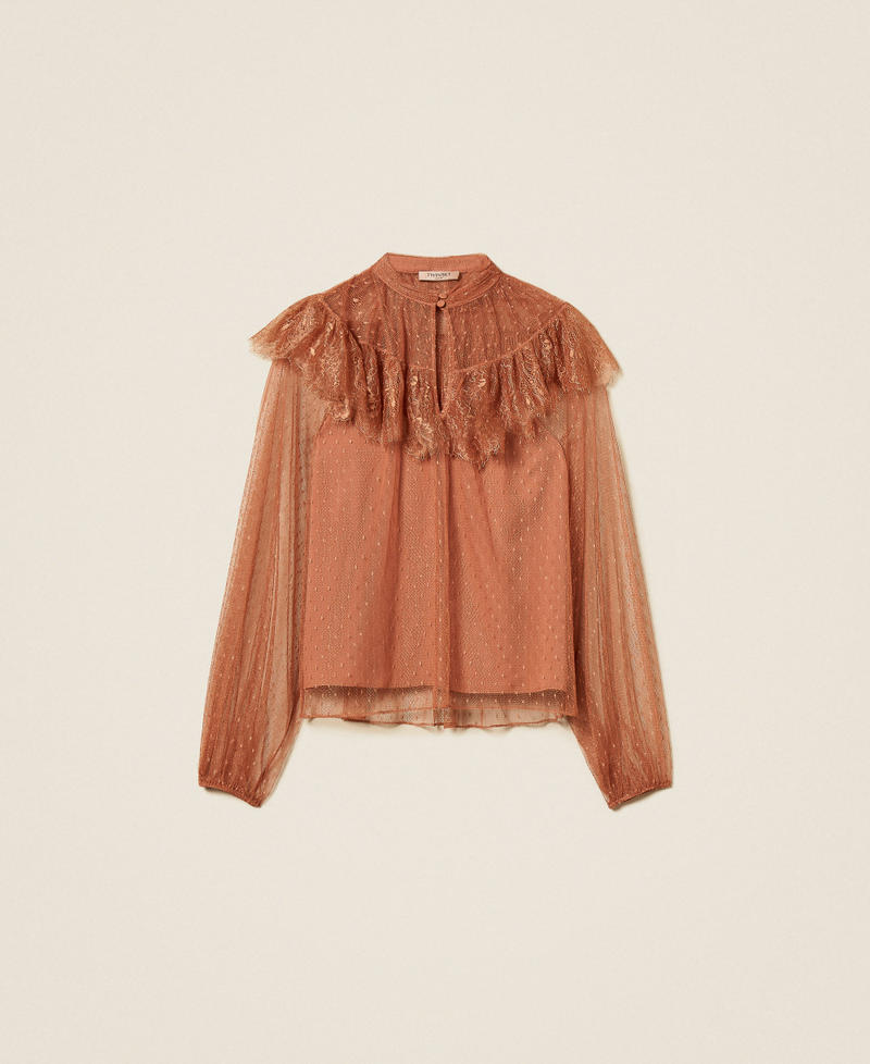 Plumetis tulle and lace blouse Mocha Mousse Brown Woman 261TP2772_13168_S0