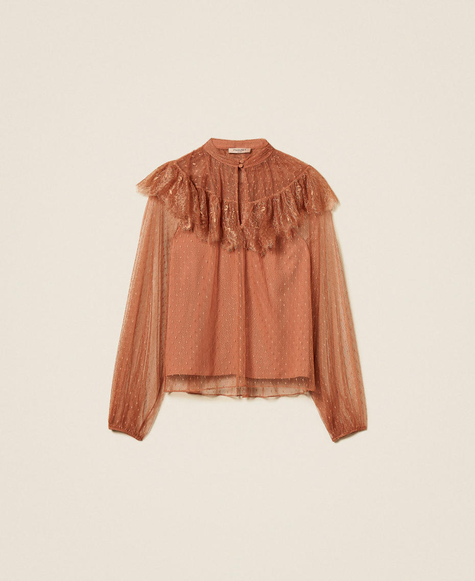 Plumetis tulle and lace blouse Mocha Mousse Brown Woman 261TP2772_13168_S0
