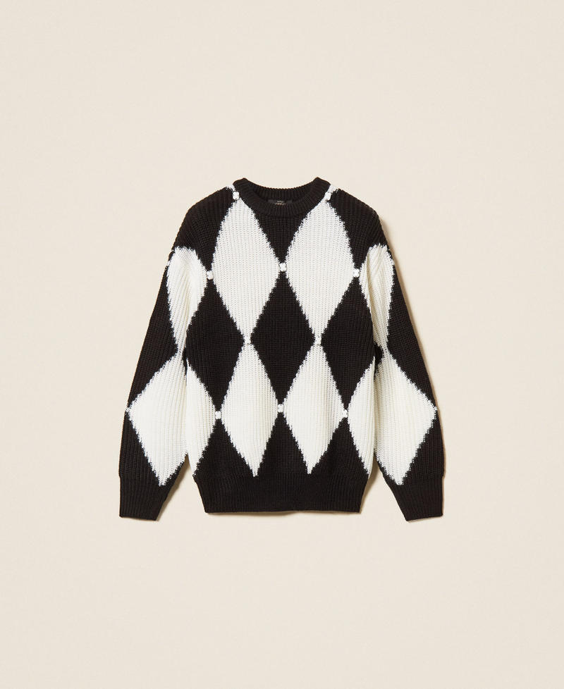 Pullover aus Wollmischung mit Rhomben und Stickerei Zweifarbig Schwarz / Schneewei&szlig; Frau 262AT3020_02741_S0