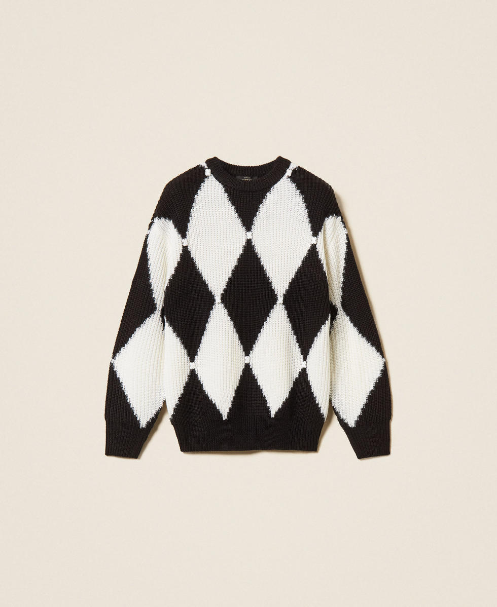 Pullover aus Wollmischung mit Rhomben und Stickerei Zweifarbig Schwarz / Schneewei&szlig; Frau 262AT3020_02741_S0