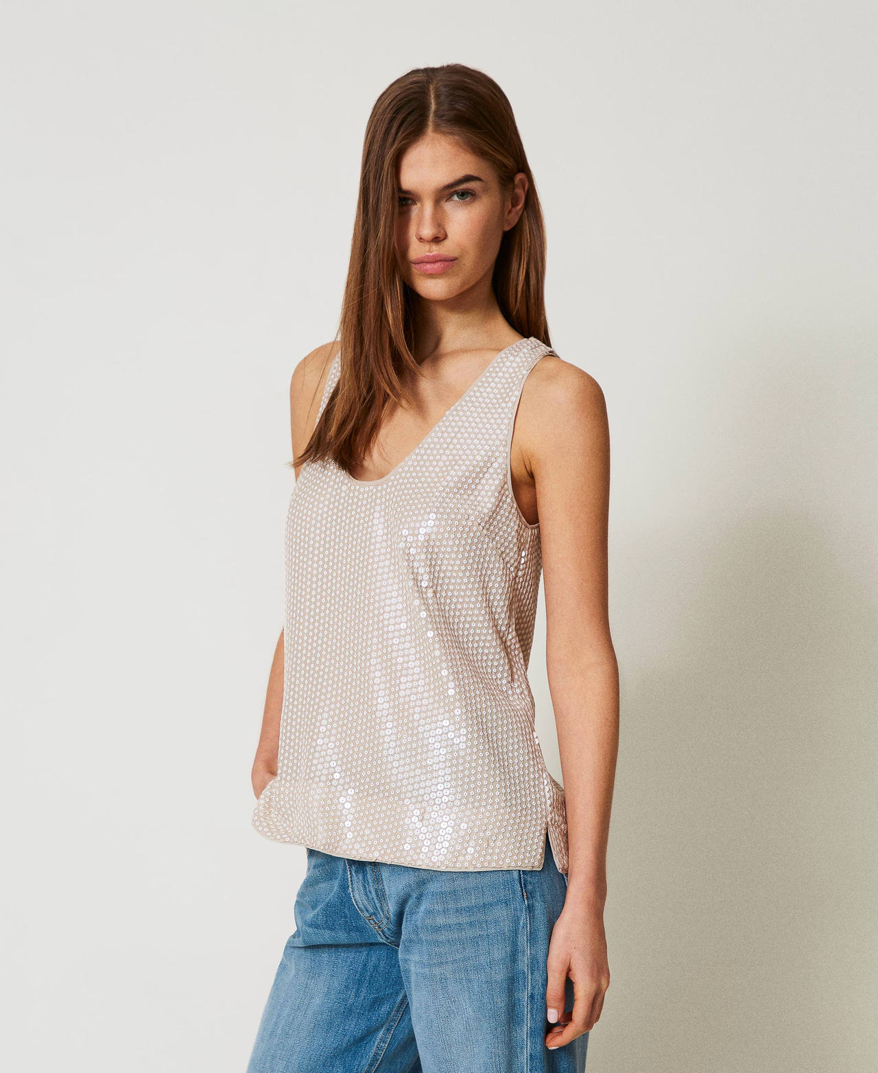 Top with sequin embroidery Rope Beige Sequin Embroidery Woman 251TT2131_12495_02