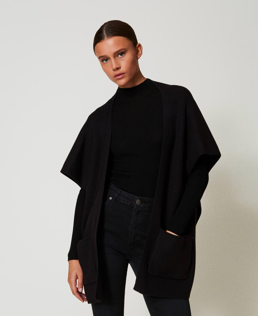 Knit poncho with embroidered logo Woman, Black | TWINSET Milano