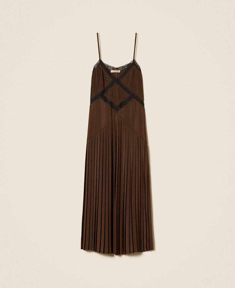 Cr&ecirc;pe de Chine and lace long dress Two-tone Darkness Brown/Black Woman 262TP2060_13853_S0