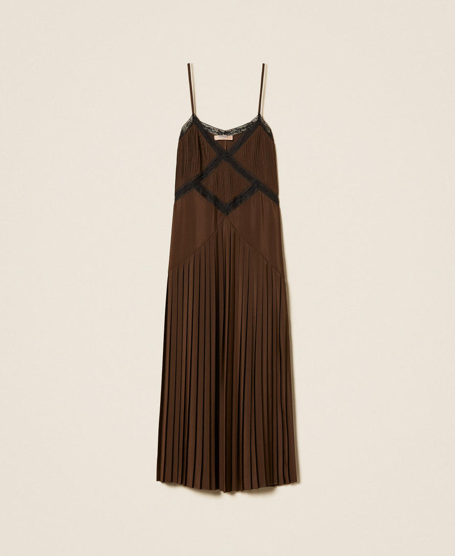 Cr&ecirc;pe de Chine and lace long dress Two-tone Darkness Brown/Black Woman 262TP2060_13853_S0