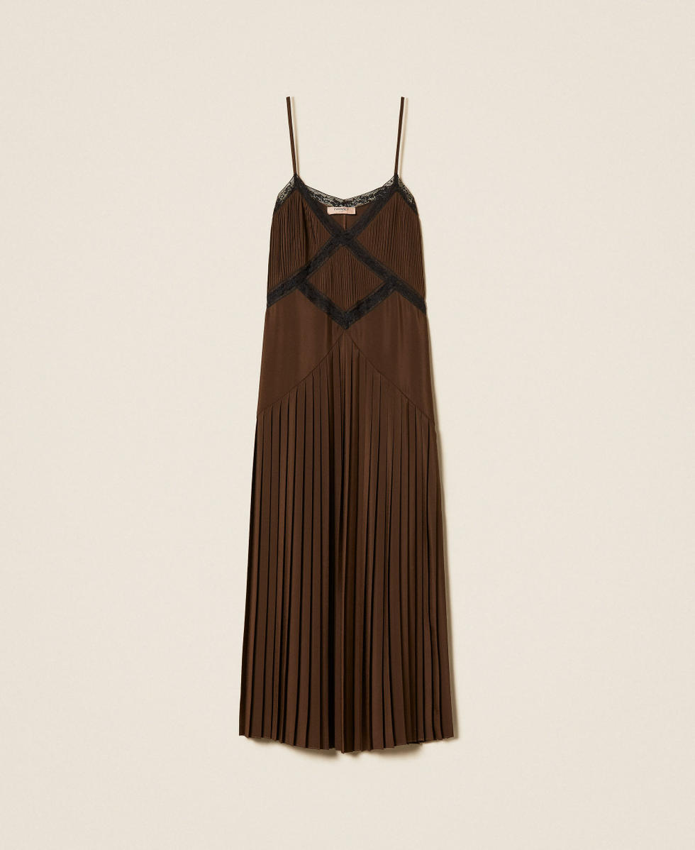 Abito lungo in cr&ecirc;pe de Chine e pizzo Bicolor Darkness Brown / Nero Donna 262TP2060_13853_S0